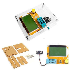 Diode Triode Capacitance ESR Meter Transistor Tester Lcr T4 - an assembled unit, its disassembled acrylic case parts, and a battery connector.