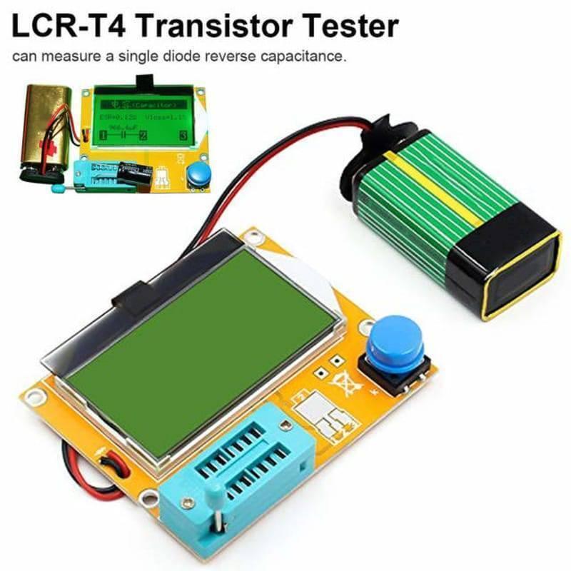 Diode Triode Capacitance ESR Meter Transistor Tester Lcr T4 - a yellow circuit board with a green screen, a blue ZIF socket, a blue button, and a connected 9V battery.