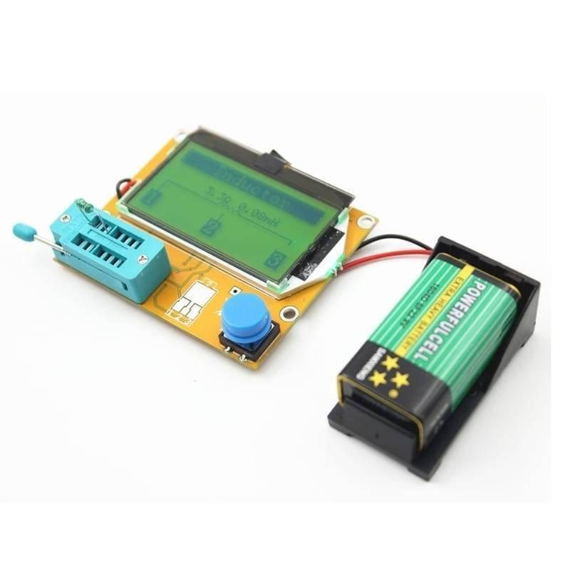 Diode Triode Capacitance ESR Meter Transistor Tester Lcr T4 - with a yellow circuit board, blue ZIF socket, blue button, LCD screen, and 9V battery.