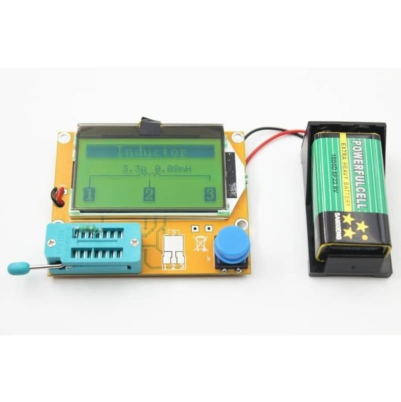 Diode Triode Capacitance ESR Meter Transistor Tester Lcr T4 - a yellow circuit board, a blue ZIF socket, a blue button, and a 9V battery.