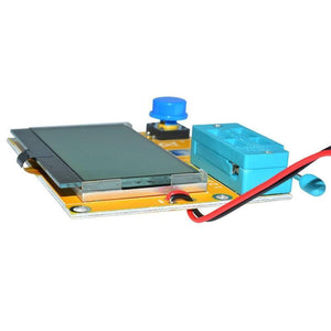 Diode Triode Capacitance ESR Meter Transistor Tester Lcr T4 - a yellow circuit board with a blank LCD screen, a blue button, and a blue ZIF socket.