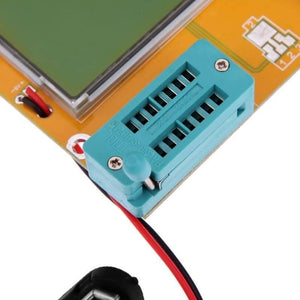 Diode Triode Capacitance ESR Meter Transistor Tester Lcr T4 - close-up of the teal ZIF socket on a yellow circuit board with a partial LCD screen visible.