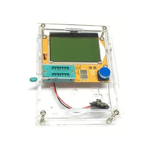 Diode Triode Capacitance ESR Meter Transistor Tester Lcr T4 - with a blank green LCD, a blue button, and a ZIF socket housed in a clear acrylic case.