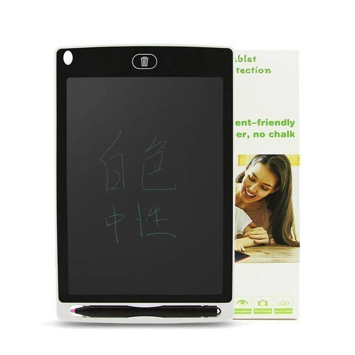 Discontenued 10 Inch LCD Tablet Thick Line Single Color Writing Board Writing Tablet For Kids - with a stylus, a trash-can icon button, and Chinese characters written on the dark screen.