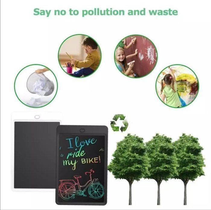 Discontenued 10 Inch LCD Tablet Thick Line Single Color Writing Board Writing Tablet For Kids - a black tablet displaying "I love to ride my bike!" with a drawing of a bicycle.