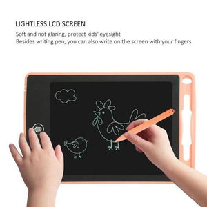 Discontenued 10 Inch LCD Tablet Thick Line Single Color Writing Board Writing Tablet For Kids - a peach-colored tablet with a hand drawing a chicken and bird on the screen.