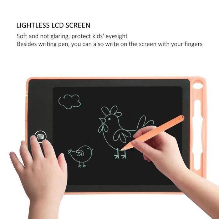 Discontenued 10 Inch LCD Tablet Thick Line Single Color Writing Board Writing Tablet For Kids - a peach-colored tablet with a hand drawing a chicken and bird on the screen.