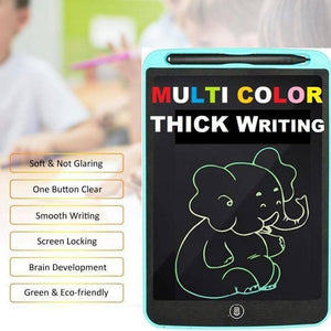 Discontenued 10 Inch LCD Tablet Thick Line Single Color Writing Board Writing Tablet For Kids - a light blue frame with a stylus on top and an elephant drawing on the black screen, alongside a list of product features.