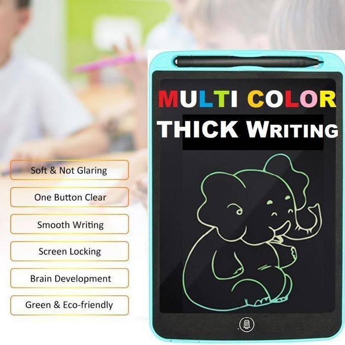 Discontenued 10 Inch LCD Tablet Thick Line Single Color Writing Board Writing Tablet For Kids - a light blue frame with a stylus on top and an elephant drawing on the black screen, alongside a list of product features.