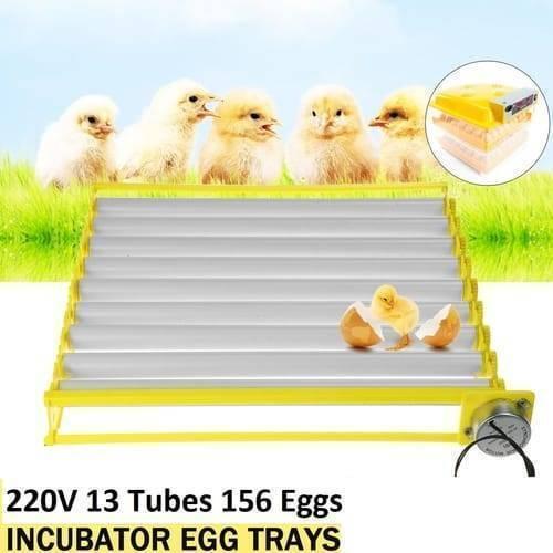 Discontenued 220V Egg Incubator Roller Tray Multifuntion 156 Birds Eggs 13 Tubes Egg Capacity Poultry Incubator Hatcher - a yellow frame with thirteen silver rollers and a motor, plus an inset image of the stacked tray.