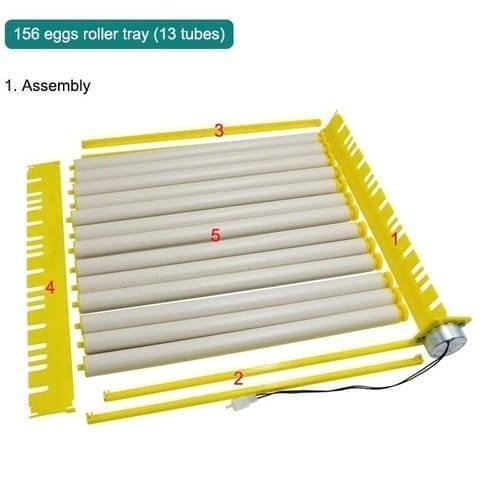 Discontenued 220V Egg Incubator Roller Tray Multifuntion 156 Birds Eggs 13 Tubes Egg Capacity Poultry Incubator Hatcher - disassembled yellow plastic frame with 13 white rollers and a motor, shown as a parts layout for assembly.