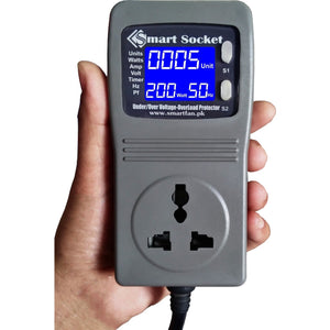 Discontenued Smart Socket 7A - held in a hand, showing a grey digital power meter with a backlit screen displaying 0005 units, 200 watts, and 50 Hz.