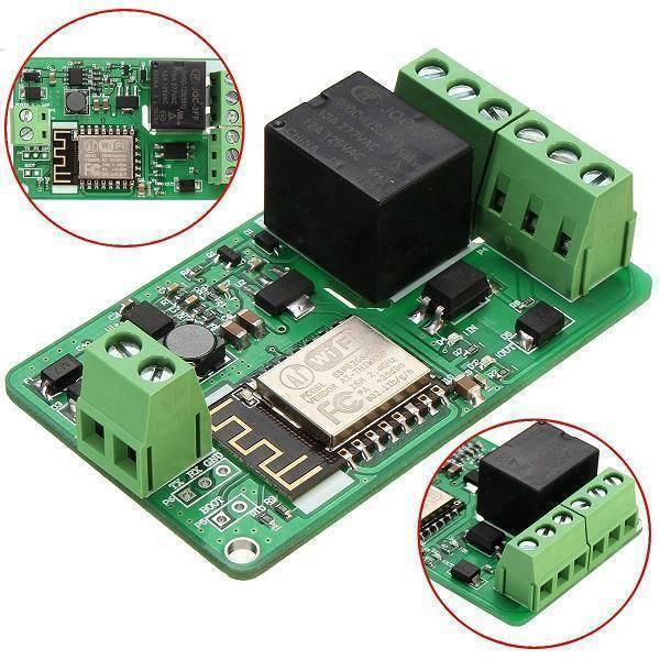 Discontenued WiFi Relay Module - a green circuit board with an ESP8266 chip, a black relay, and green screw terminals, with two circular insets.