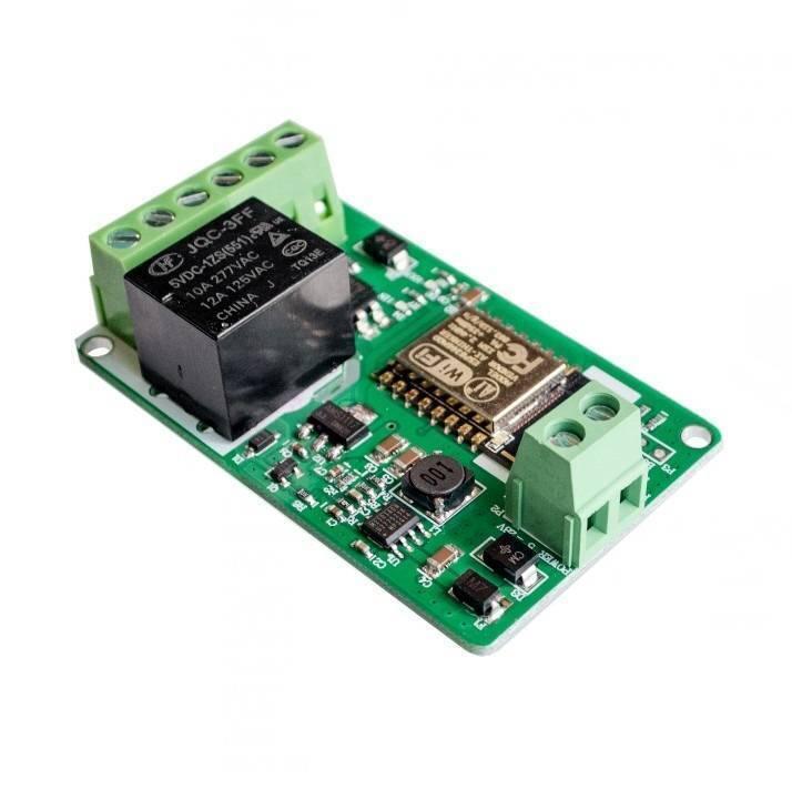 Discontenued WiFi Relay Module - a green circuit board with a black relay, a WiFi module, a two-pin power terminal, and a six-pin output terminal.