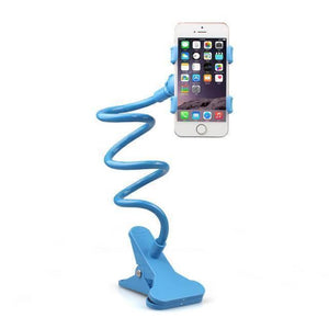 Discontinue Dell Universal Cell Phone Holder Lazy Phone Gosseneck Holder Clip Bracket Flexible Long Mobile Stand - a blue, flexible gooseneck stand with a base clip and a phone mount holding a smartphone displaying app icons.
