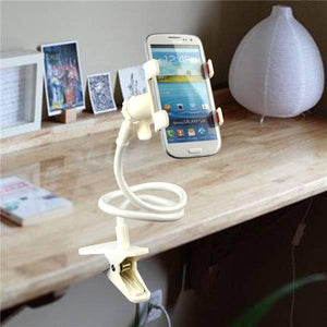 Discontinue Dell Universal Cell Phone Holder Lazy Phone Gosseneck Holder Clip Bracket Flexible Long Mobile Stand - a white flexible gooseneck stand with a base clamp and a phone mount holding a smartphone displaying a home screen.