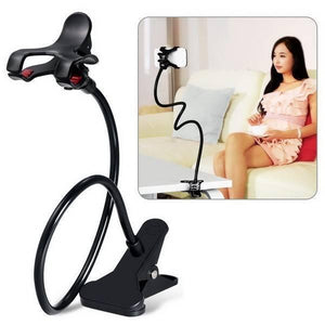 Discontinue Dell Universal Cell Phone Holder Lazy Phone Gosseneck Holder Clip Bracket Flexible Long Mobile Stand - a black flexible gooseneck arm with a phone-gripping clip and a table-mounting clamp, shown in use on a white table.