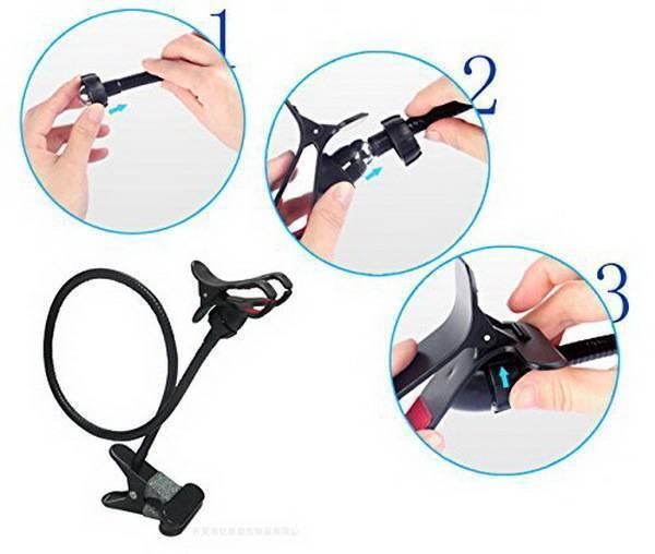 Discontinue Dell Universal Cell Phone Holder Lazy Phone Gosseneck Holder Clip Bracket Flexible Long Mobile Stand - a black flexible gooseneck stand with two clips and a three-step visual guide on how to assemble the components.