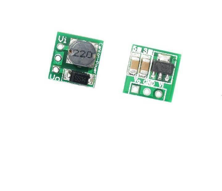 Discontinued 0.9 5V To 5V DC-DC Step-up Power Module Voltage Boost Converter Board 1.5V 1.8V 2.5V 3V 3.3V 3.7V 4.2V To 5V - two small green circuit boards, one displaying an inductor and diode, the other showing a chip and capacitors.