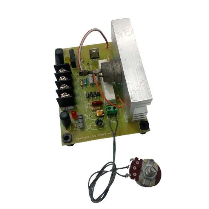 Discontinued 0 To 5000W Adjustable AC Dimmer AC Heater Controller - a green circuit board with a heatsink, terminal block, and a wired potentiometer.