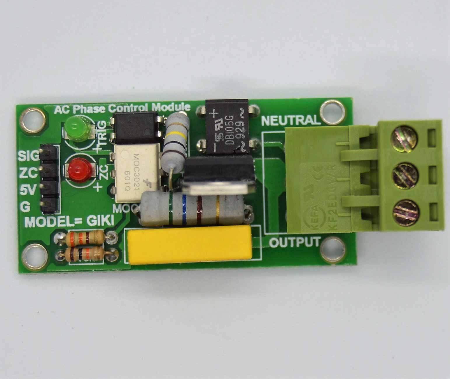 Discontinued 2amp 220V AC Arduino 1 Channel TRIAC Module With Zero Crossing Sensor - green rectangular circuit board with a screw terminal and LEDs.