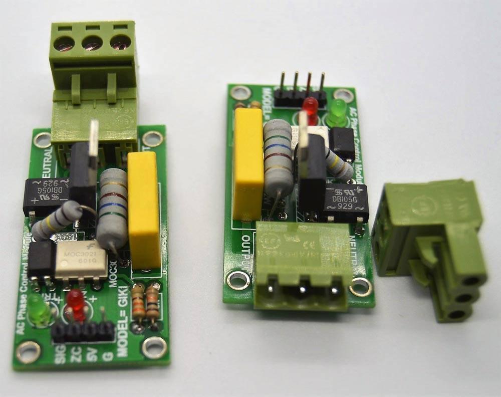 Discontinued 2amp 220V AC Arduino 1 Channel TRIAC Module With Zero Crossing Sensor - two green circuit boards with terminals and one loose connector.
