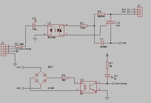 Discontinued 2amp 220V AC Arduino 1 Channel TRIAC Module With Zero Crossing Sensor - circuit diagram showing components, connectors J1, J2, and labels.