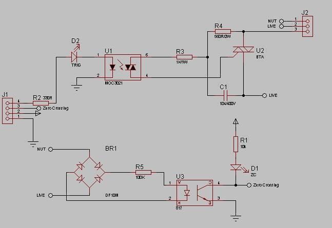 Discontinued 2amp 220V AC Arduino 1 Channel TRIAC Module With Zero Crossing Sensor - circuit diagram showing components, connectors J1, J2, and labels.