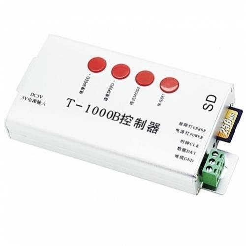 Discontinued Addressable LED Pixel Controller T1000B T-1000B - a white rectangular device with four red buttons, an SD card slot, status indicator labels, and a green three-pin terminal block.