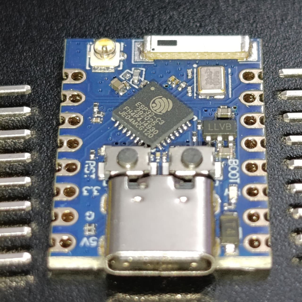 Discontinued ESP32 C3 Pro Mini WiFi Bluetooth Development Board 4MB - Risc-v IOT Microcontroller - rectangular circuit board featuring a USB-C port, two buttons, and an ESP32-C3 chip.