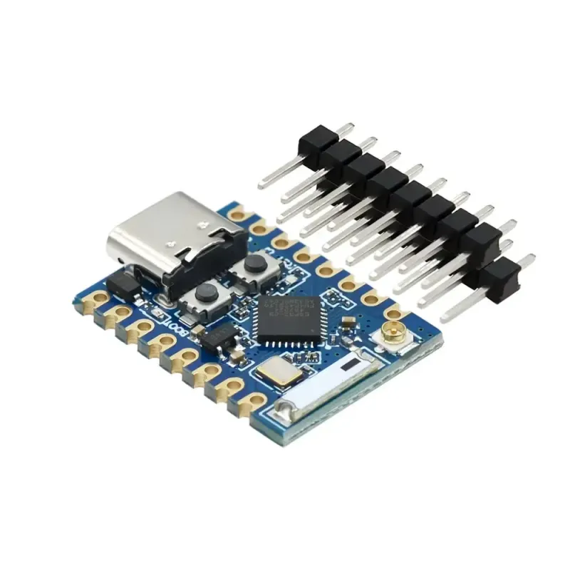 Discontinued ESP32 C3 Pro Mini WiFi Bluetooth Development Board 4MB - Risc-v IOT Microcontroller - a blue circuit board with a USB-C port, two buttons, and a set of included header pins.