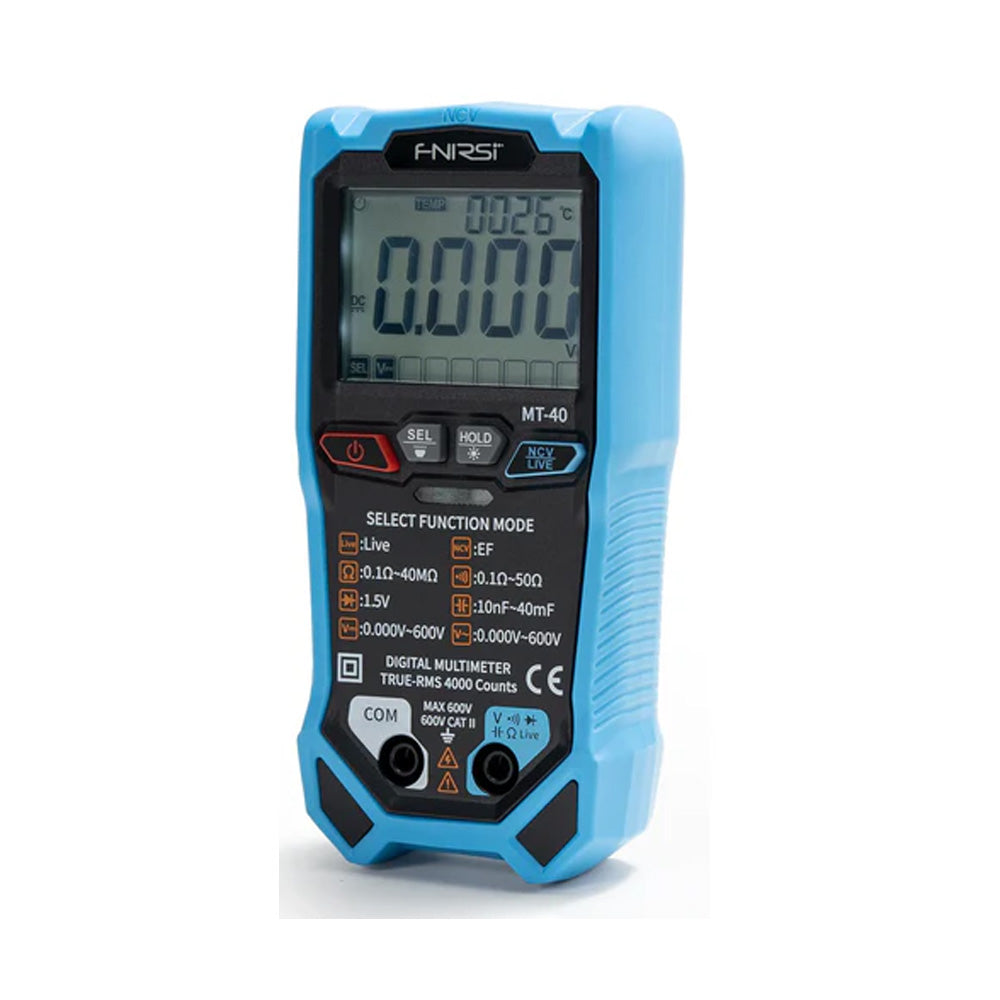 Discontinued Fnirsi Mt-40 Smart Digital Multimeter - a digital display reading 0.000V and 0026°C, with function buttons and two input ports.
