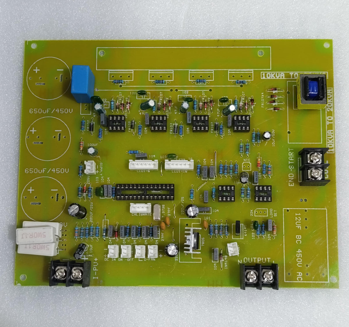 Discontinued Local 4 IGBT 3kVA Solar Inverter PCB With Pre Assembled Components - a green rectangular circuit board with pre-assembled components, capacitors, terminals, and connectors.