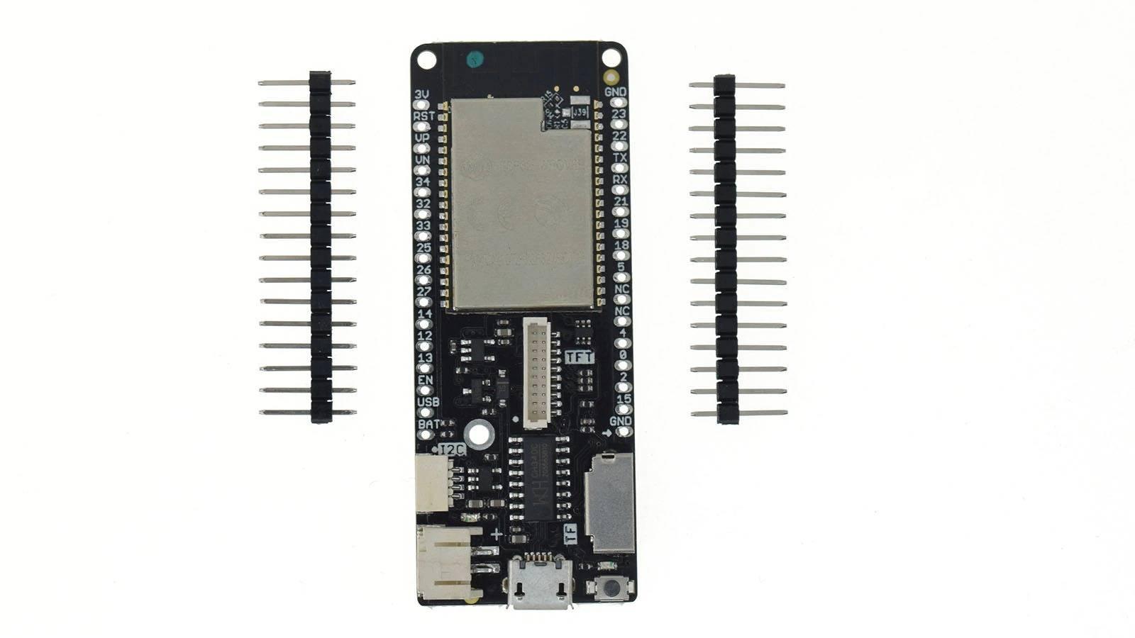 Discontinued Lolin D32 Pro V2.0.0 - WiFi & Bluetooth Board Based ESP-32 ESP32 REV1 ESP32-wrover 16MB 8MB 4MB Flash Psram Micropython - shown with two header pin strips, featuring a micro-USB port, a TF card slot, and a white connector on a black PCB.