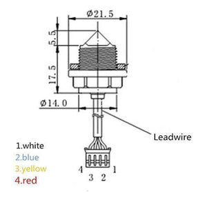 Discontinued Optical Infrared Water Level Sensor 15mA 5V Water Liquid Control Switch - a technical diagram showing the dimensions and a four-pin connector with white, blue, yellow, and red lead wires.