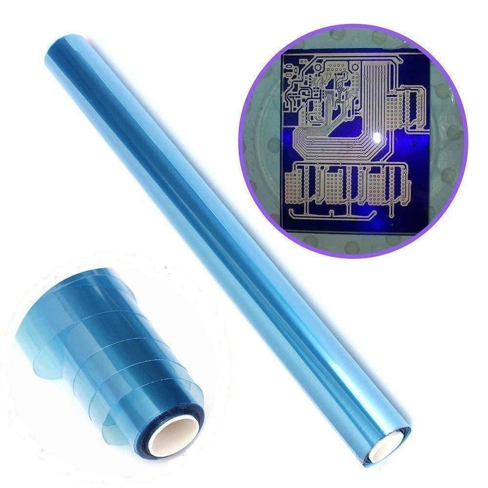 Discontinued Photo Resist Photosensitive Dry Film 30cm 1 Meter Photoresist - shown as a blue roll of film with a circular inset displaying a printed circuit board pattern.