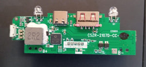 Power Bank Charging Module Board – CSZR-2107A-5356 (4.35V) ( stock LOT ) - a green rectangular circuit board with a USB-C port, USB-A port, micro-USB port, and two LEDs.