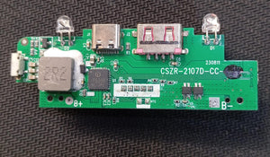 Power Bank Charging Module Board – CSZR-2107A-5356 (4.35V) ( stock LOT ) - a green rectangular circuit board with a USB-C port, USB-A port, two LEDs, and an inductor.