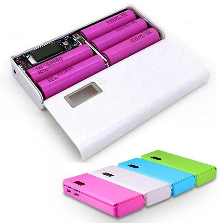 Solderless LCD Display Dual USB DIY Power Bank Module - an open white case with four pink batteries, plus four closed units in pink, white, blue, and green.