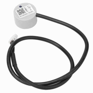 Discontinued Ultrasonic Non Contact Liquid Level Sensor DS1603DA - a grey cylindrical sensor with a black cable, a white connector, and a label with QR code.