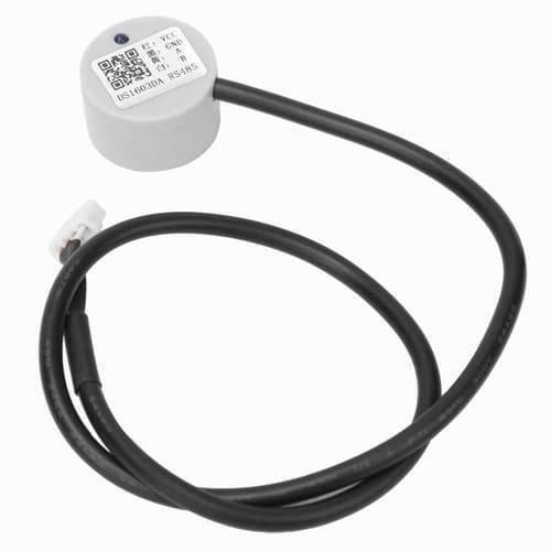 Discontinued Ultrasonic Non Contact Liquid Level Sensor DS1603DA - a grey cylindrical sensor with a black cable, a white connector, and a label with QR code.