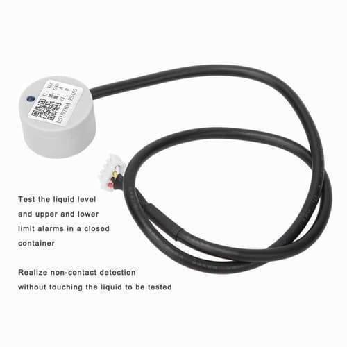 Discontinued Ultrasonic Non Contact Liquid Level Sensor DS1603DA - a grey cylindrical sensor with a black cable ending in a white four-pin connector.