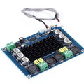 Discontinued XH-M543 TPA3116D2 Dual-channel Class D Digital Audio Power Amplifier Board 50W*2 - a blue rectangular circuit board with a black heatsink, several capacitors, green screw terminals, and a wired connector.