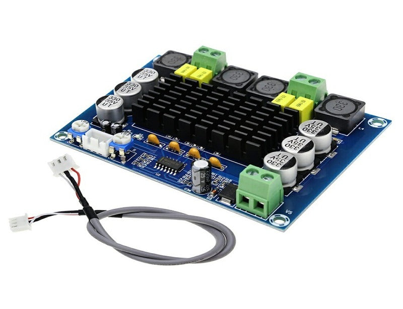 Discontinued XH-M543 TPA3116D2 Dual-channel Class D Digital Audio Power Amplifier Board 50W*2 - with a black heatsink, blue circuit board, green screw terminals, and a cable.