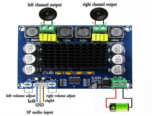 Discontinued XH-M543 TPA3116D2 Dual-channel Class D Digital Audio Power Amplifier Board 50W*2 - a blue circuit board, a black heatsink, speaker terminals, volume knobs, audio input, and power input.