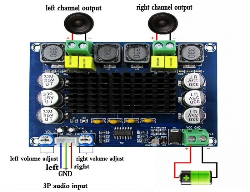 Discontinued XH-M543 TPA3116D2 Dual-channel Class D Digital Audio Power Amplifier Board 50W*2 - a blue circuit board, a black heatsink, speaker terminals, volume knobs, audio input, and power input.