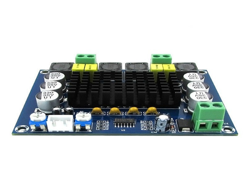 Discontinued XH-M543 TPA3116D2 Dual-channel Class D Digital Audio Power Amplifier Board 50W*2 - a blue rectangular circuit board featuring a black heatsink, capacitors, green screw terminals, and potentiometers.