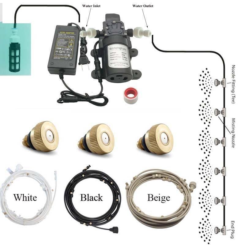 Disinfection Gate Misting System Accessory With Brass Nozzle - a pump, power adapter, water filter, brass nozzles, and tubing in white, black, and beige.