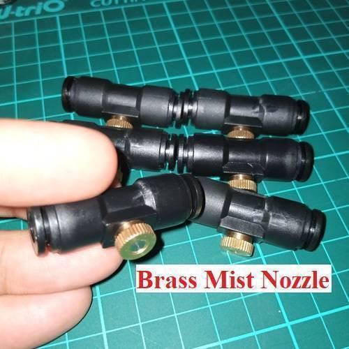 Disinfection Gate Misting System Accessory With Brass Nozzle - three black plastic T-connectors with gold-coloured brass misting nozzles attached.