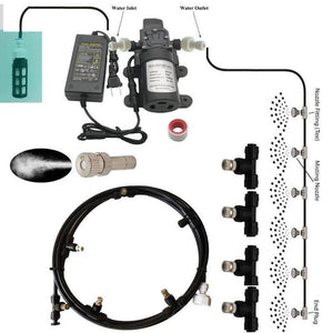 Disinfection Gate Misting System Accessory With Steel Nozzle - a black pump, power adapter, black tubing, tee fittings, and misting nozzles.